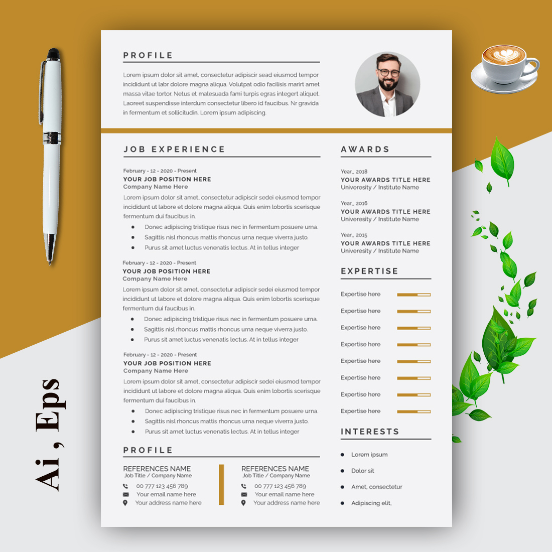 Resume Layout with Gold Accents preview image.