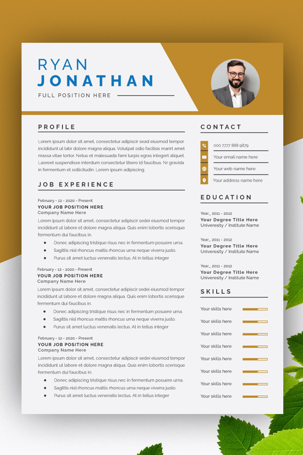 Resume Layout with Gold Accents pinterest preview image.