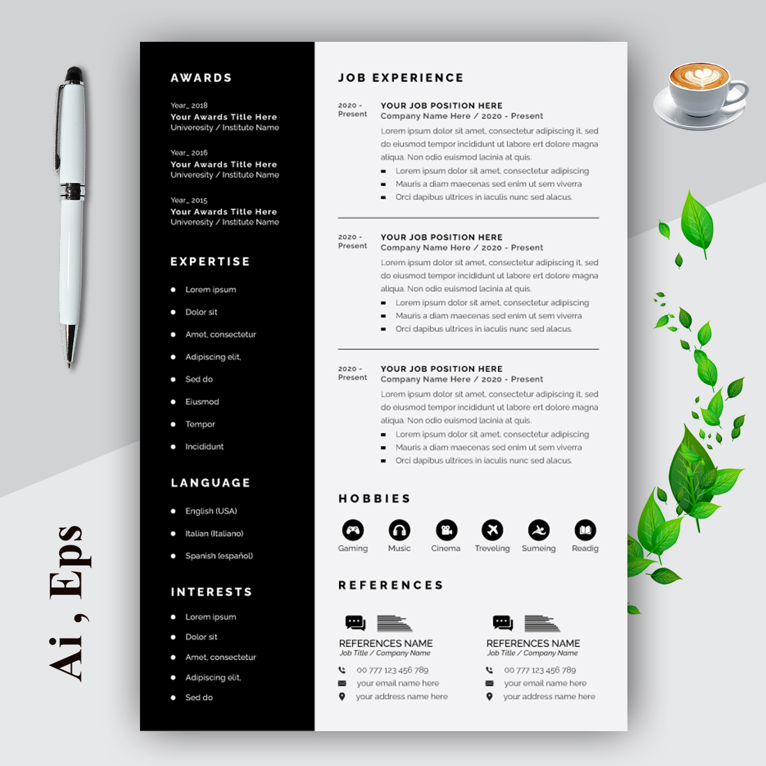 Resume and Cover Letter Black Layout Set preview image.