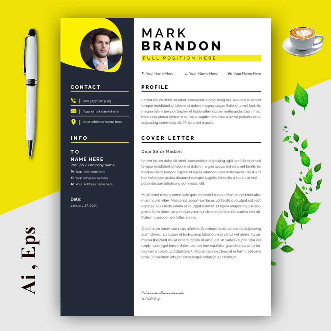 Resume Layout Set with Black and Yellow preview image.