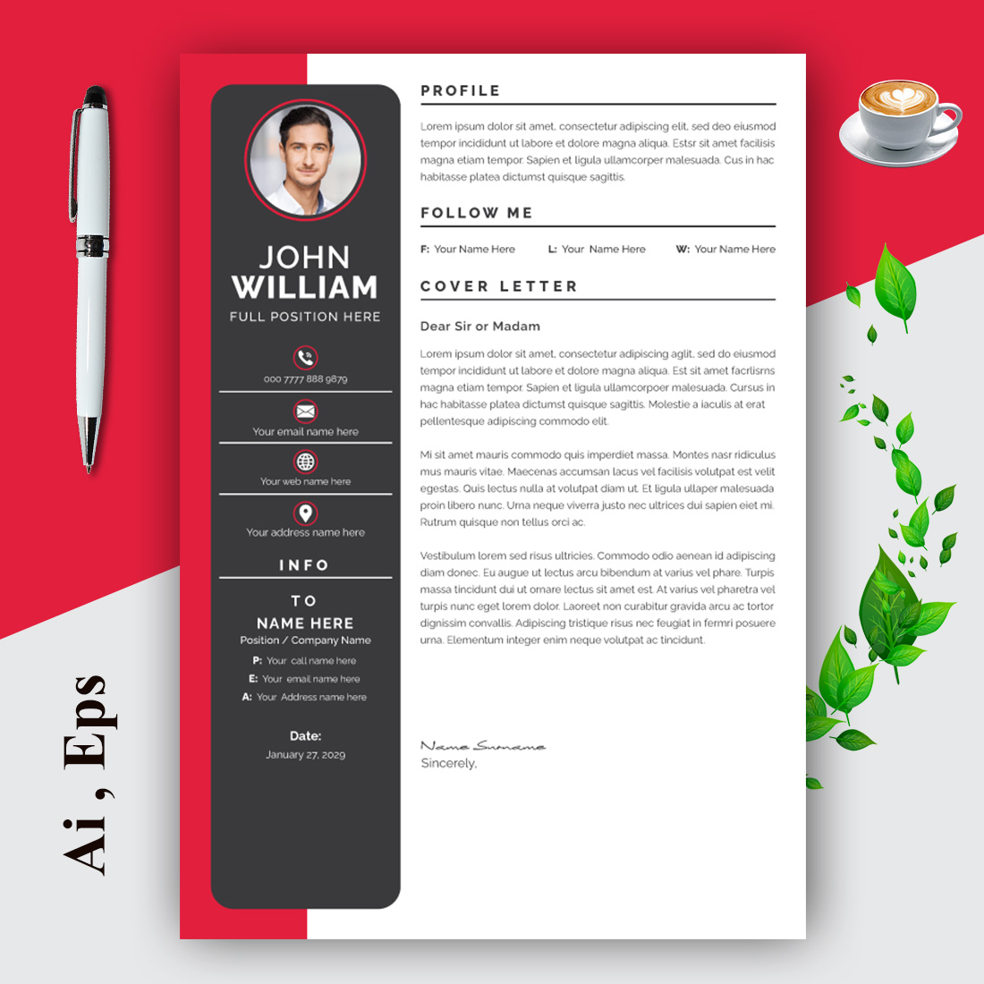 Clean Resume Layout with Cover Letter preview image.