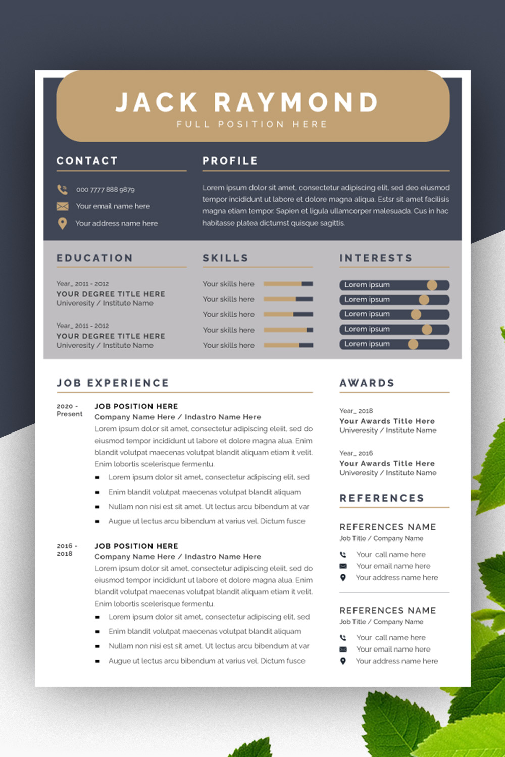 Resume Layout Set with Gold Elements pinterest preview image.