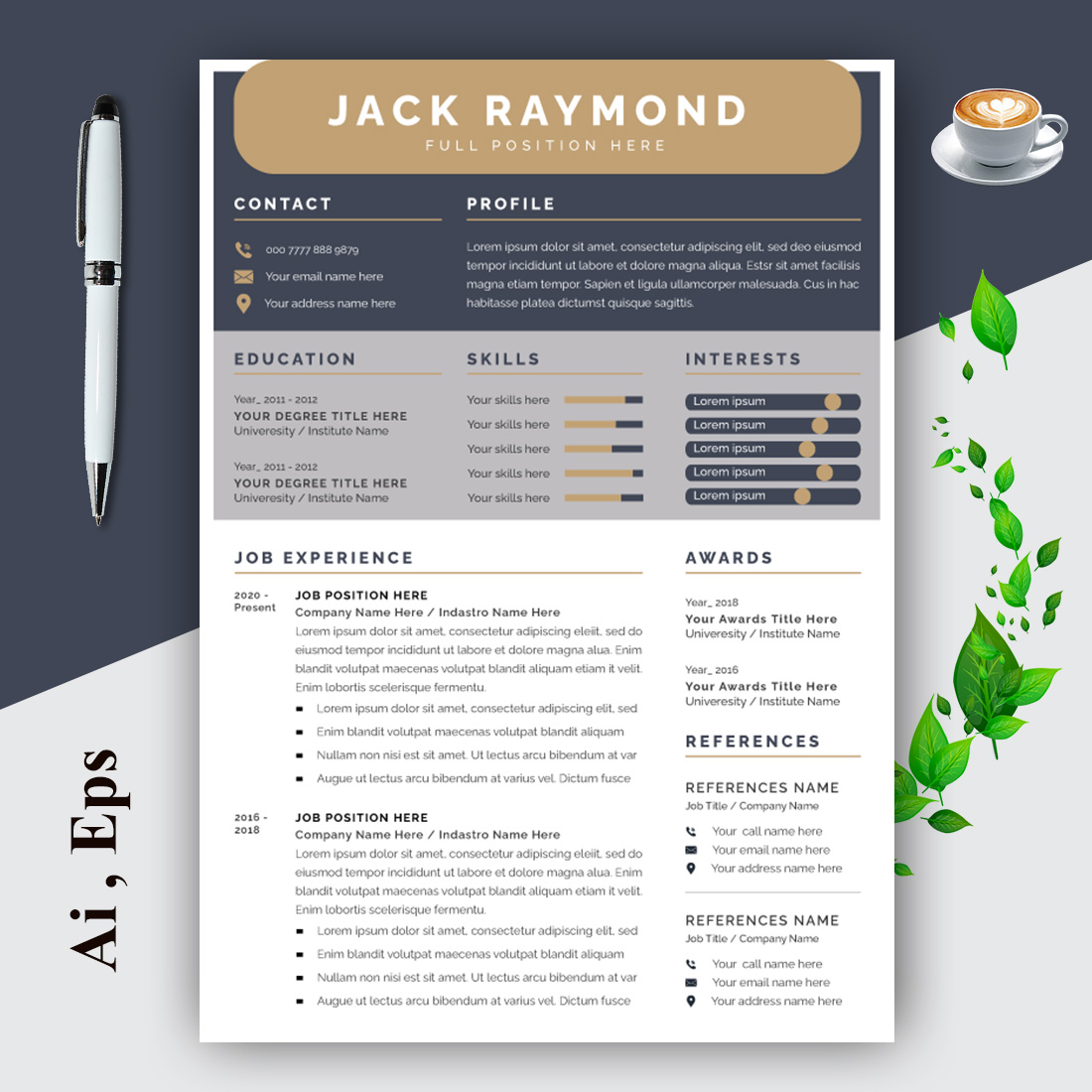 Resume Layout Set with Gold Elements cover image.