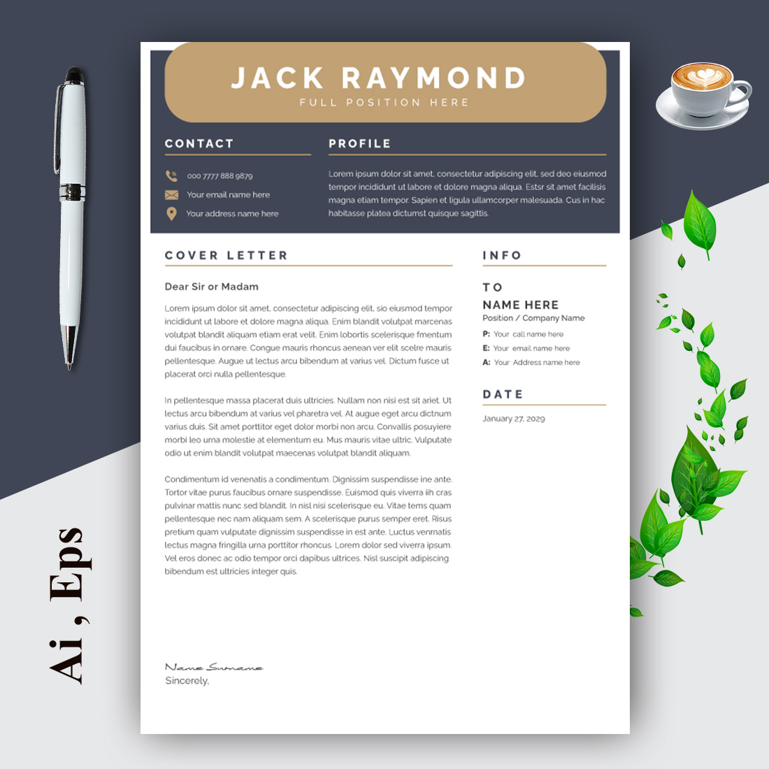Resume Layout Set with Gold Elements preview image.