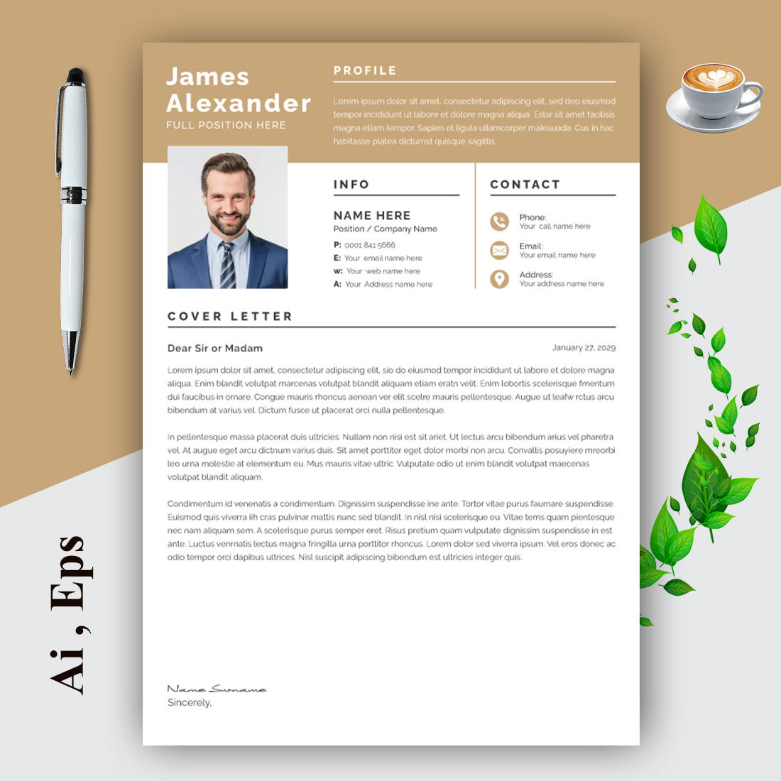 Resume Layout with Gold Header preview image.