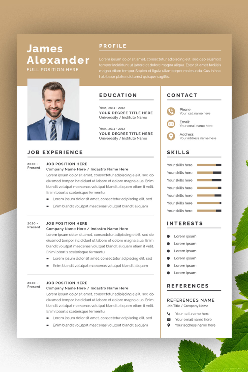 Resume Layout with Gold Header pinterest preview image.