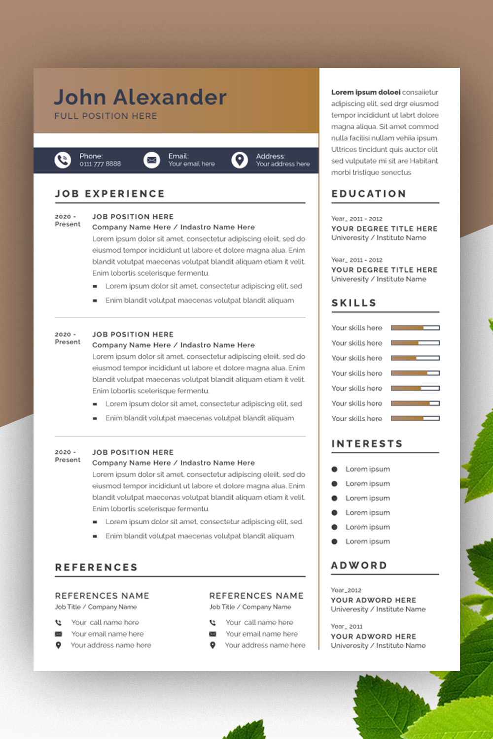 Resume Layout with Gold Accents pinterest preview image.