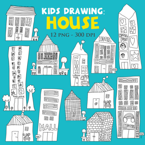 Cute Kids Drawing Abstract Building City House Hotel Mall Apartment With Creative and Imagination Art Cartoon Digital Stamp Outline Black and White cover image.