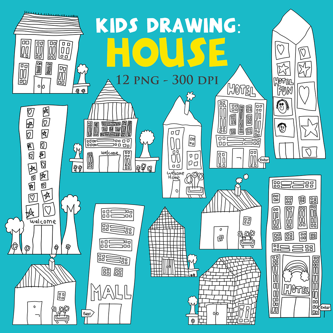 Cute Kids Drawing Abstract Building City House Hotel Mall Apartment With Creative and Imagination Art Cartoon Digital Stamp Outline Black and White cover image.