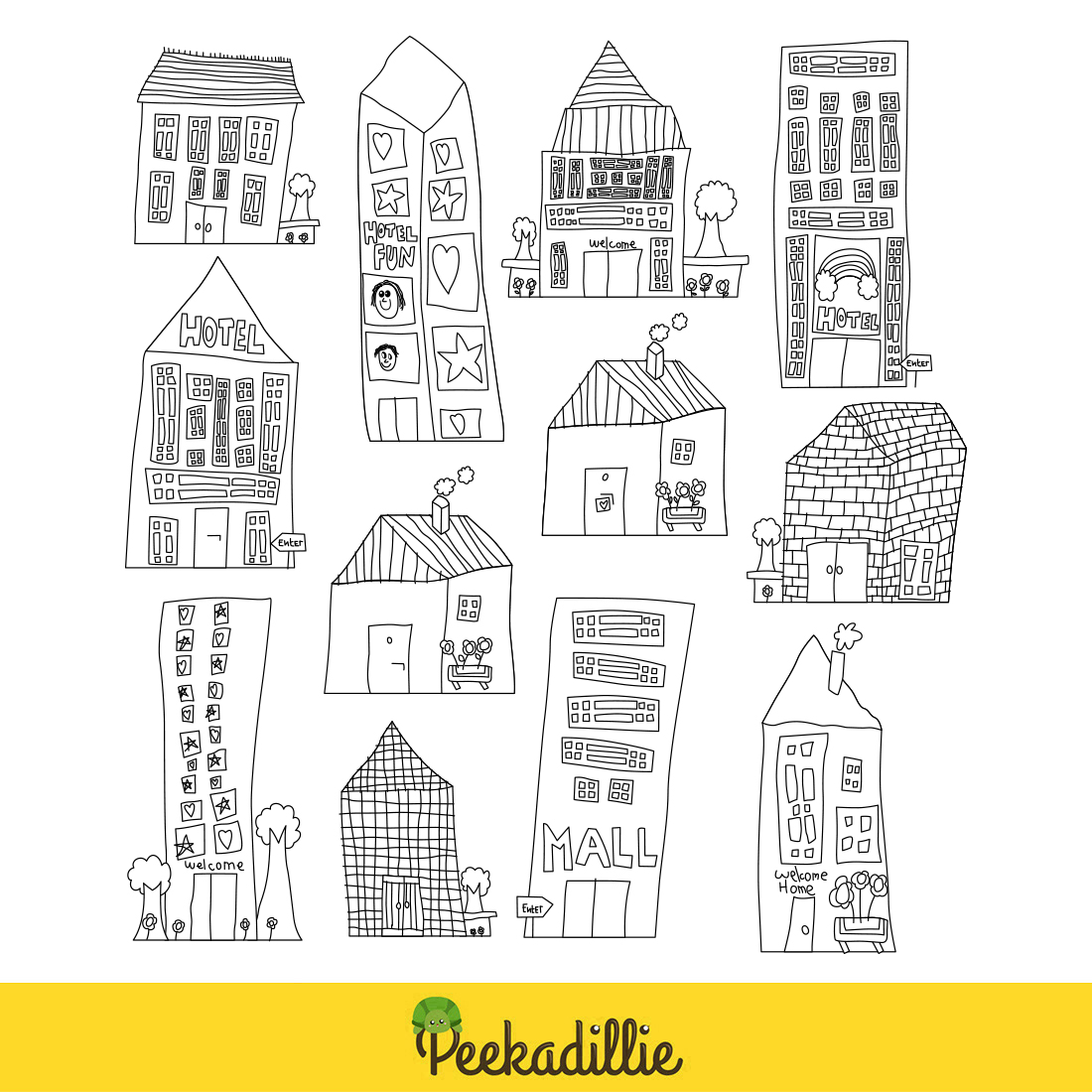 Cute Kids Drawing Abstract Building City House Hotel Mall Apartment With Creative and Imagination Art Cartoon Digital Stamp Outline Black and White preview image.