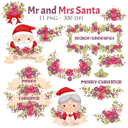 Cute and Funny Mr and Mrs Santa Claus Christmas Character Holiday Season Greeting Design Art Illustration Vector Clipart Sticker Decoration Background cover image.