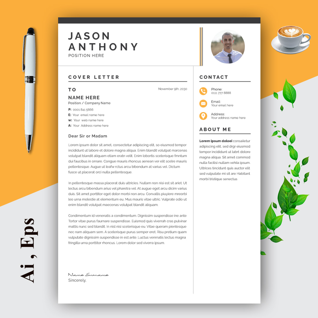 Resume Layout Set with Black and Gold Elements preview image.