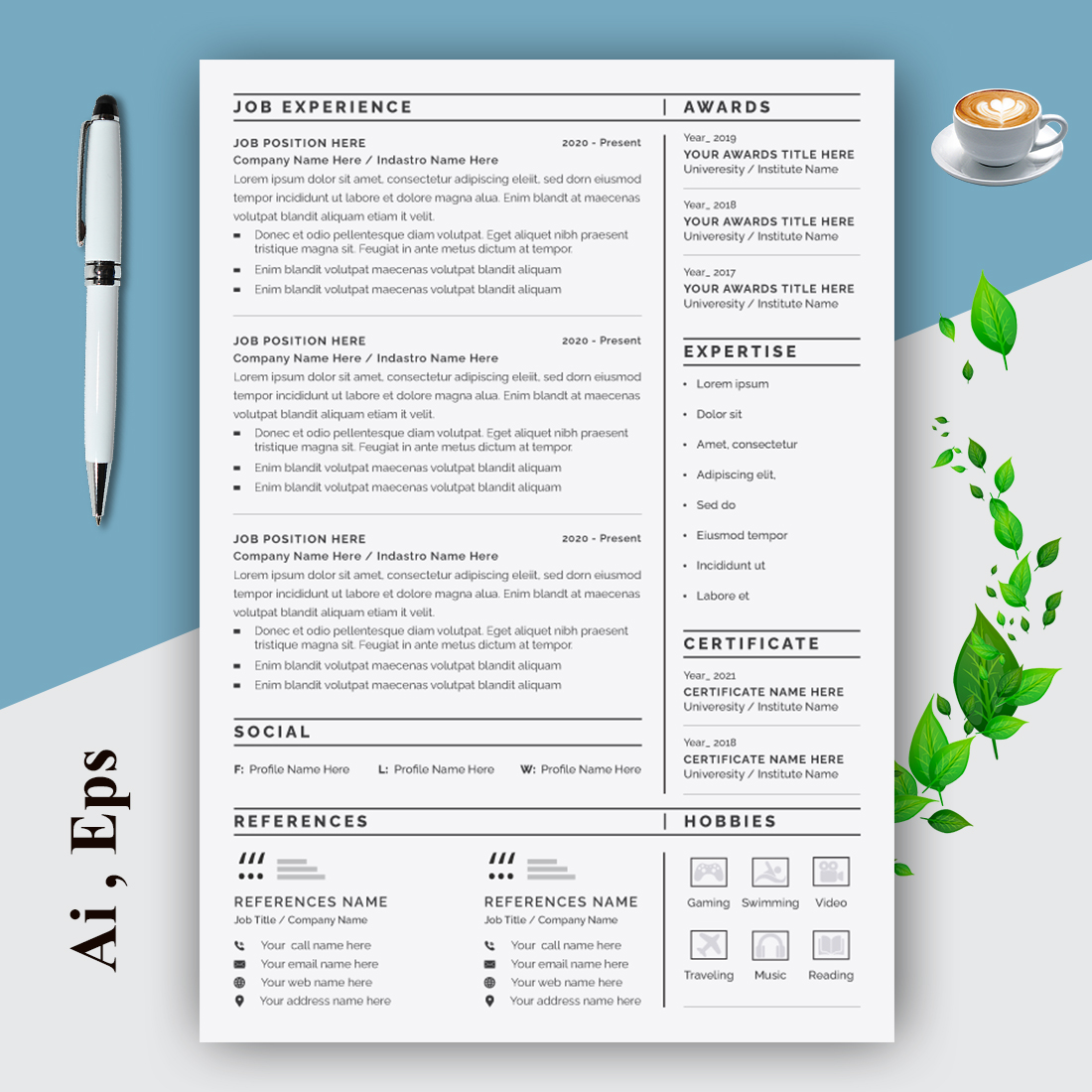 Black and White Resume Layout with Cover Letter preview image.