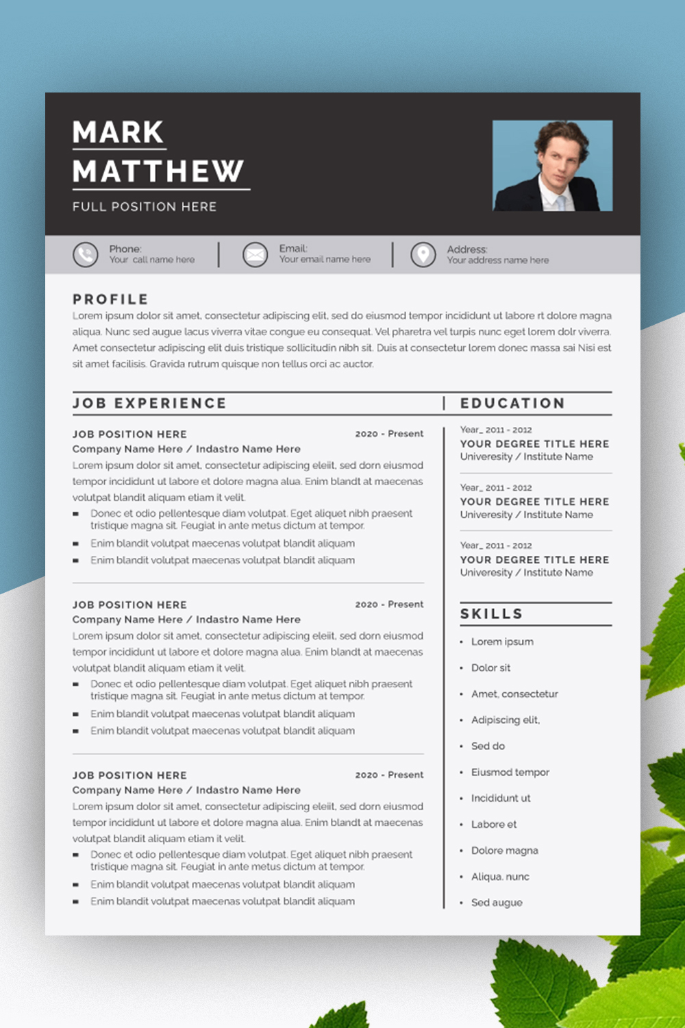 Black and White Resume Layout with Cover Letter pinterest preview image.