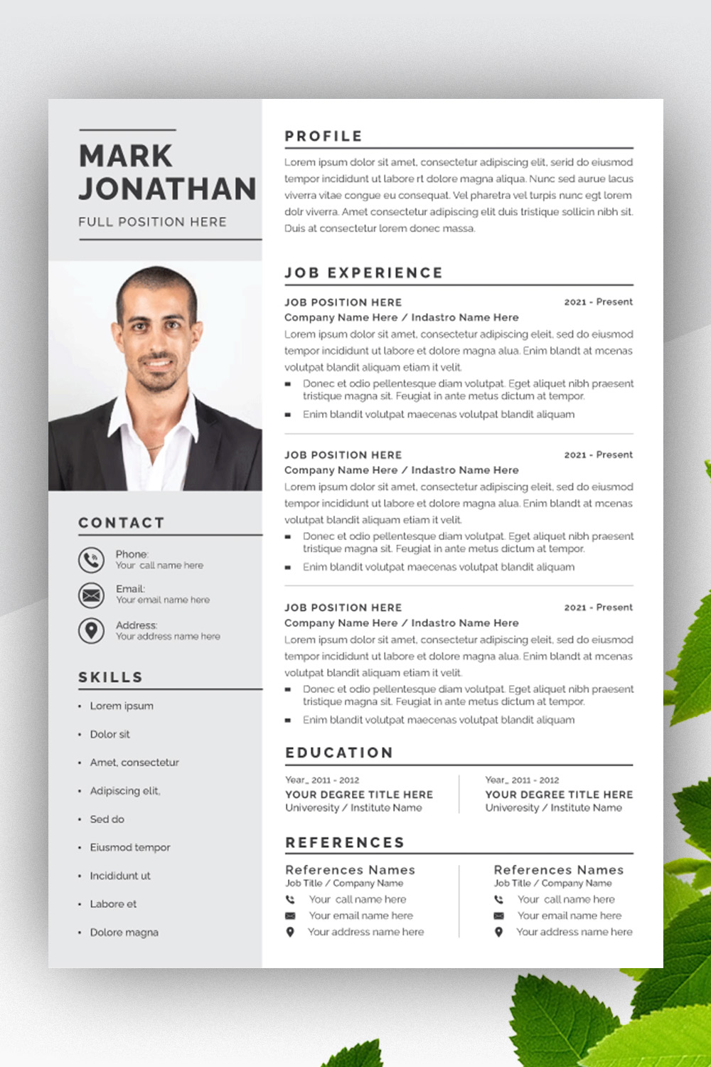 Resume Layout with Black and Gray Sidebar pinterest preview image.