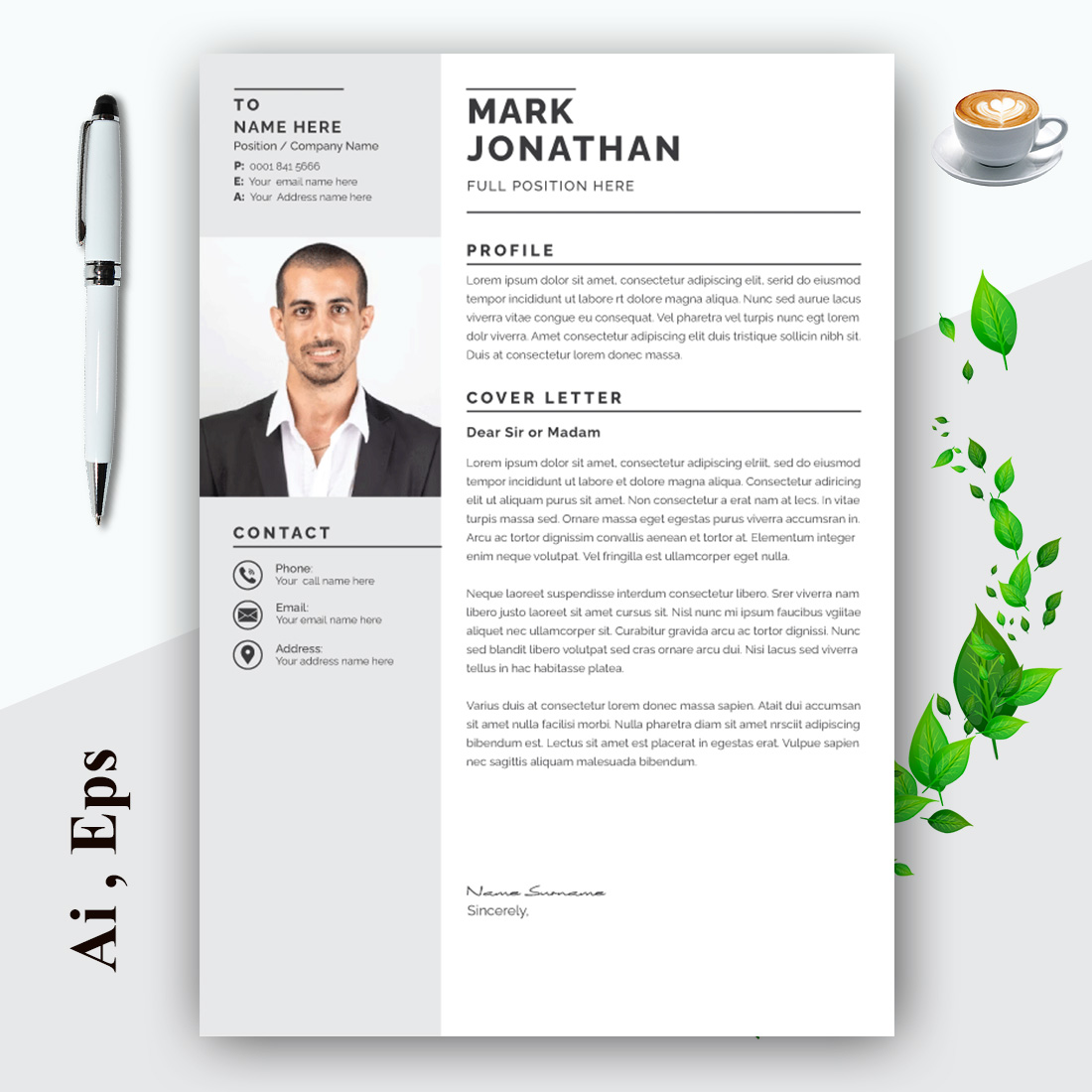 Resume Layout with Black and Gray Sidebar preview image.