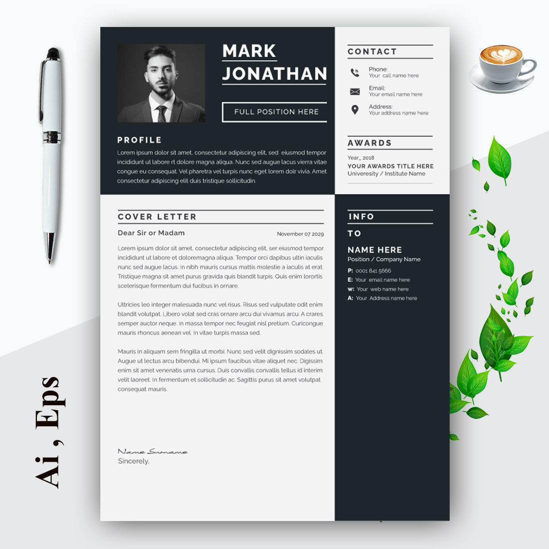 Resume Layout Minimalist Black and White preview image.