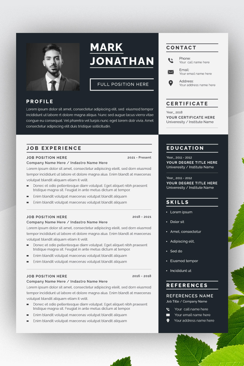 Resume Layout Minimalist Black and White pinterest preview image.