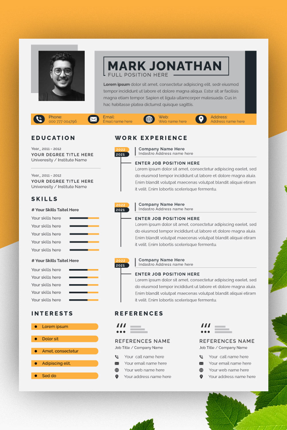 Resume Layout with Yellow Accents pinterest preview image.