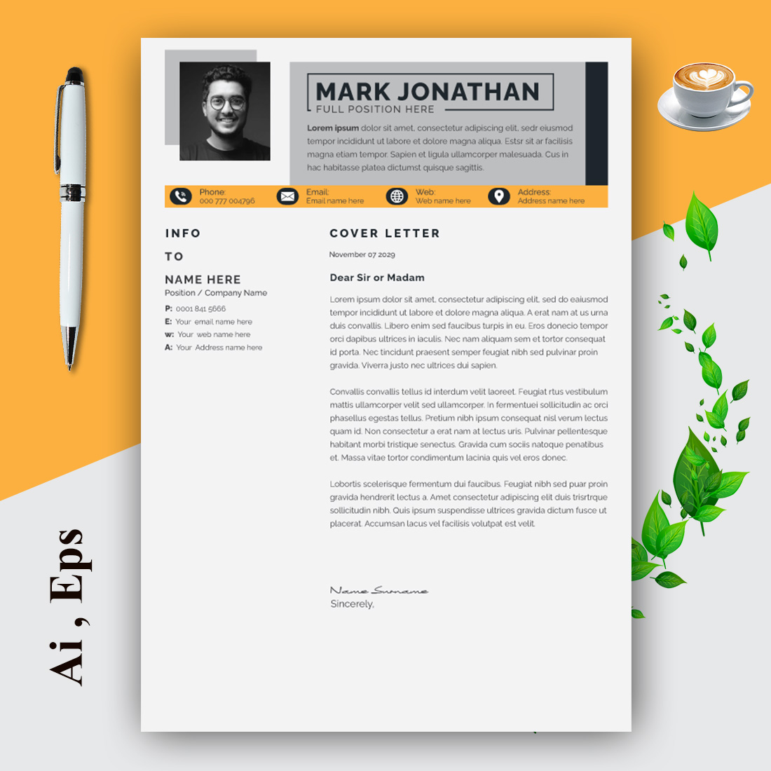 Resume Layout with Yellow Accents preview image.