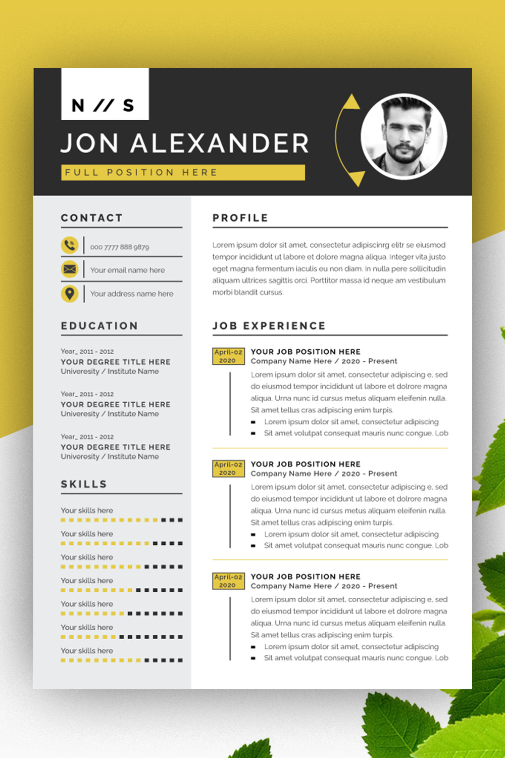 Resume Layout with Yellow and Black Header pinterest preview image.