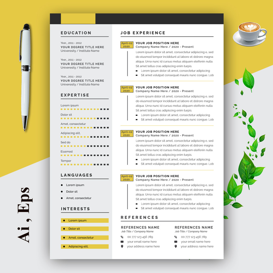 Resume Layout with Yellow and Black Header preview image.