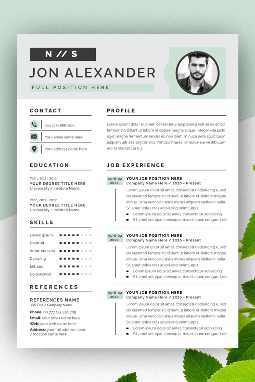 Green Resume Layout pinterest preview image.