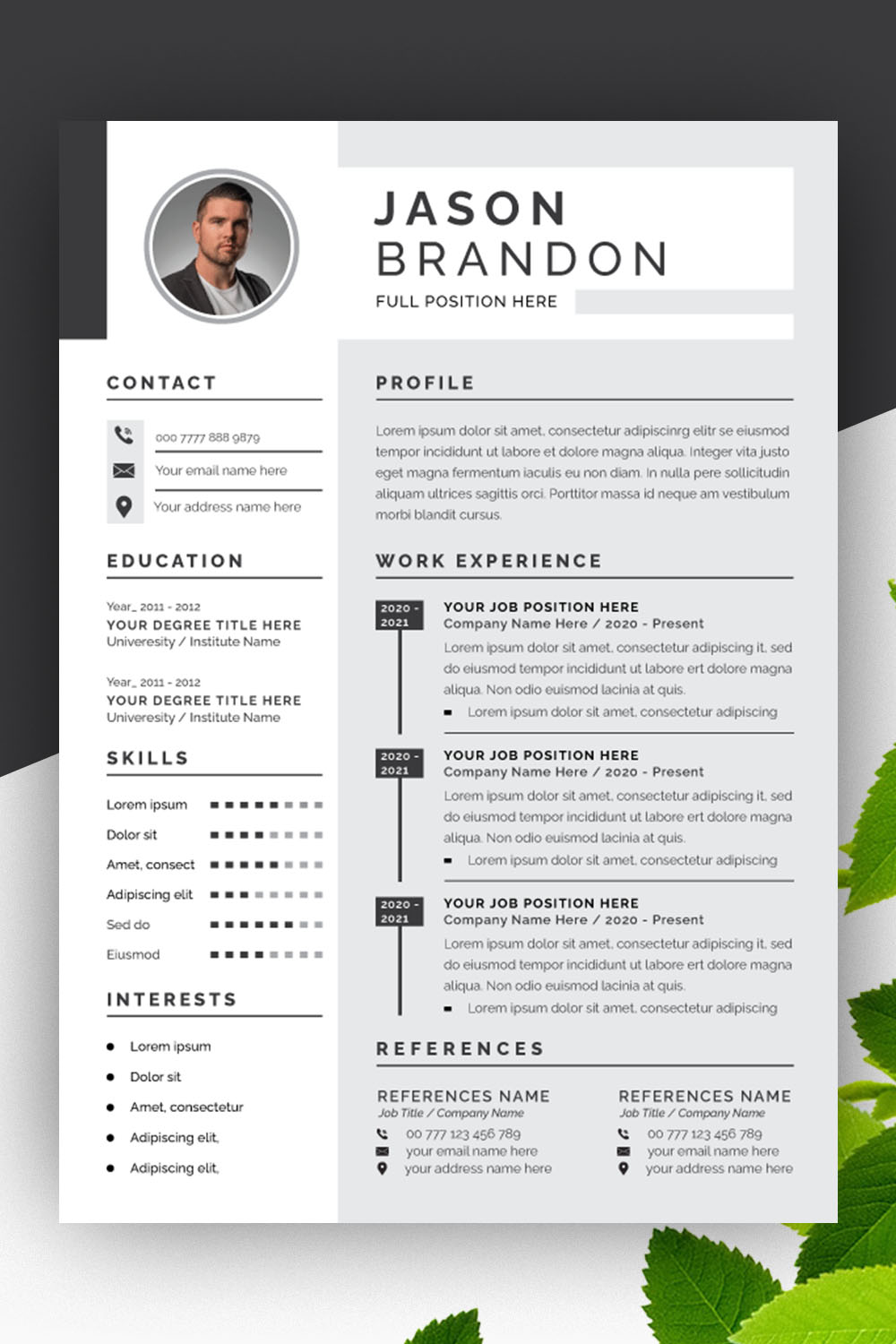 Black and White Resume and Cover Letter Layout Set with Gray Sidebar pinterest preview image.