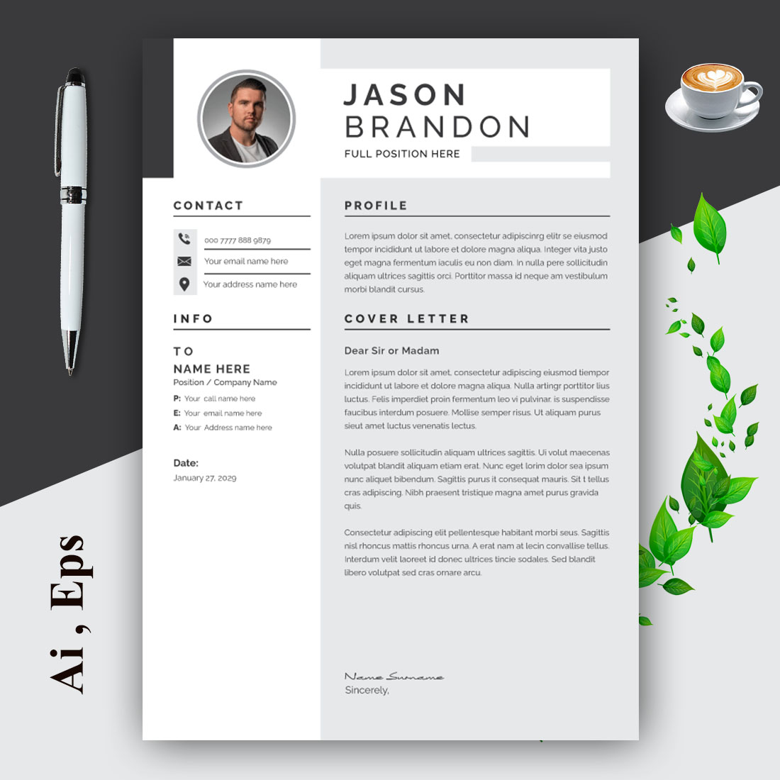Black and White Resume and Cover Letter Layout Set with Gray Sidebar preview image.