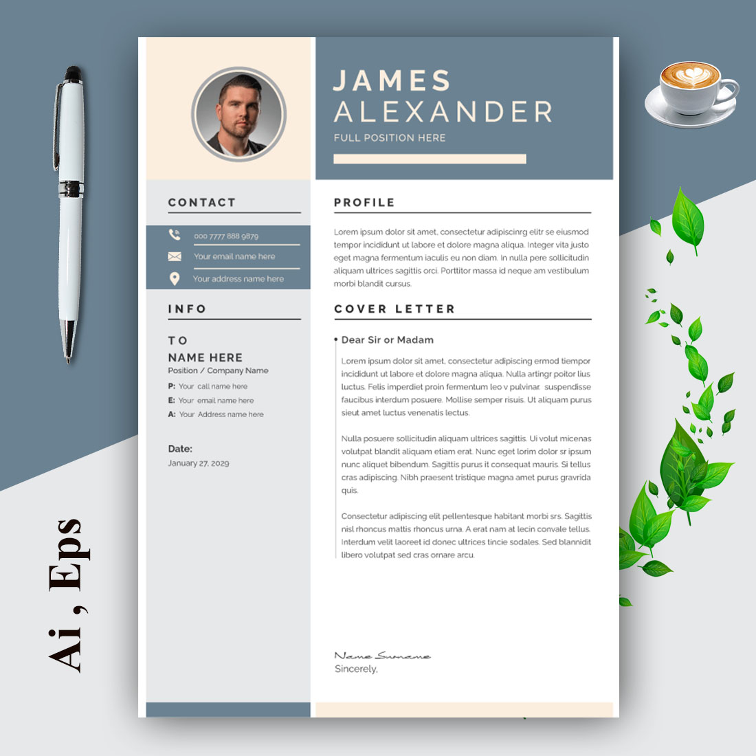 Resume and Cover Letter Layout with Blue preview image.