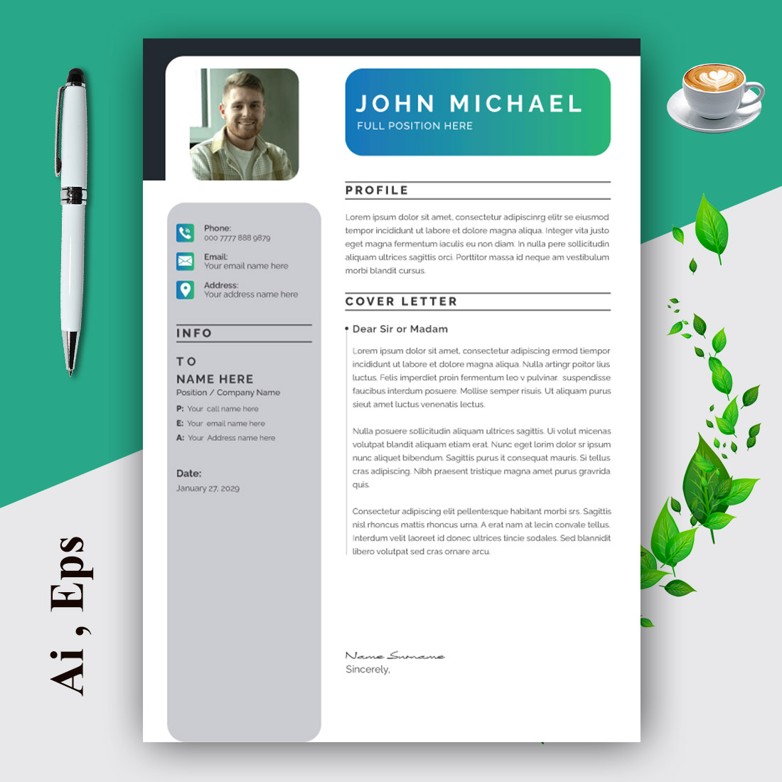 Resume Layout with Green Accents preview image.