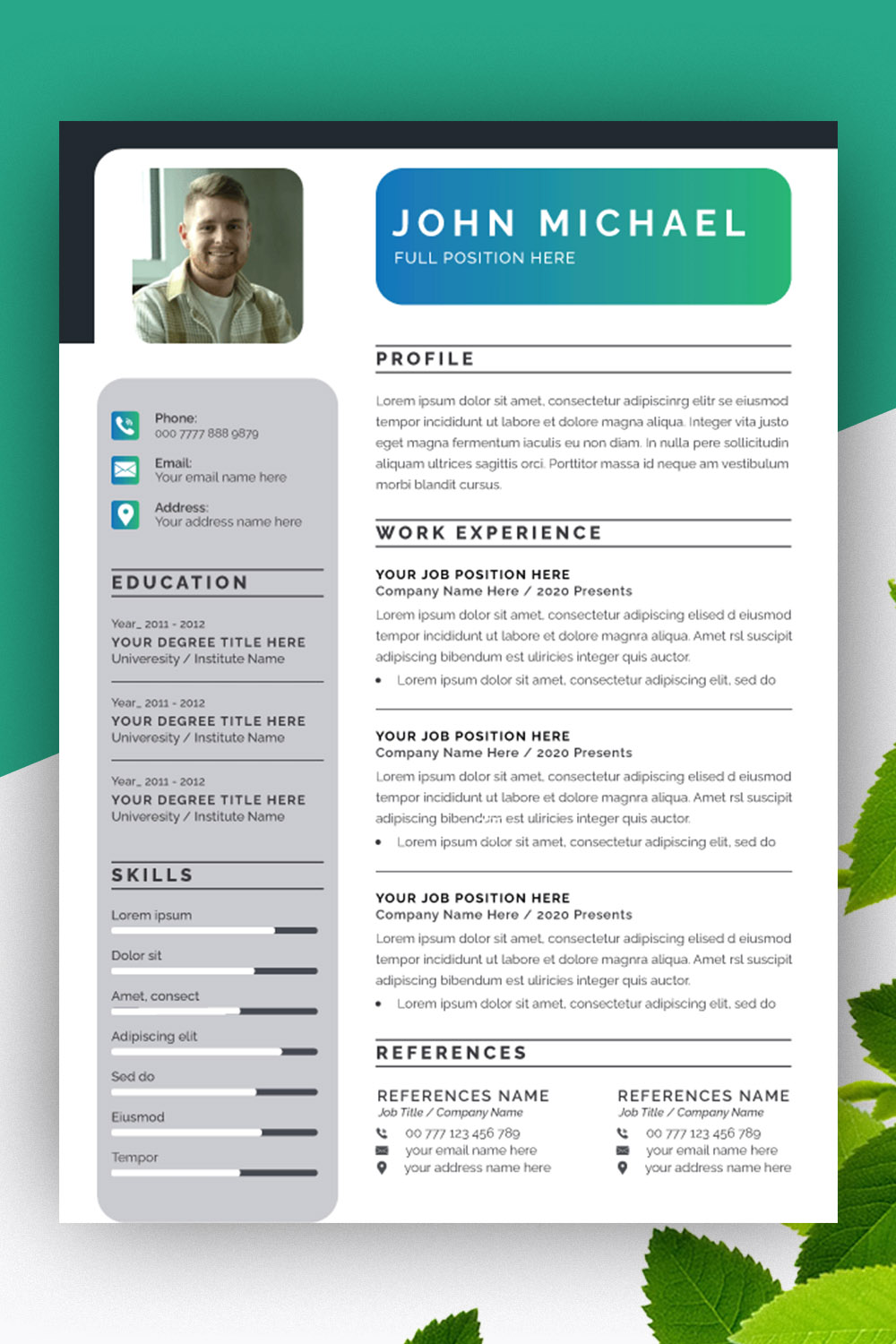 Resume Layout with Green Accents pinterest preview image.