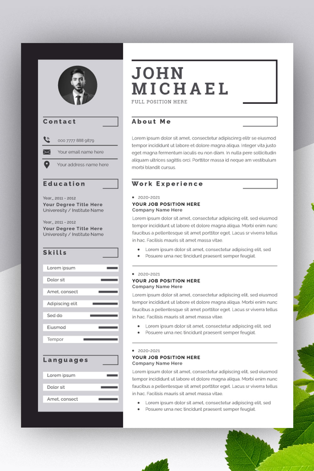 Black and White Minimalist Creative Resume Layout pinterest preview image.