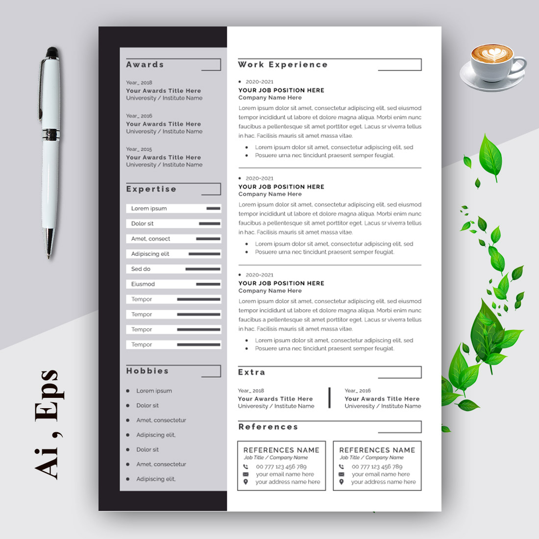 Black and White Minimalist Creative Resume Layout preview image.