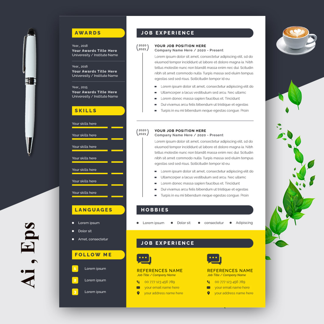 Resume Layout Set with Black and Yellow Elements preview image.