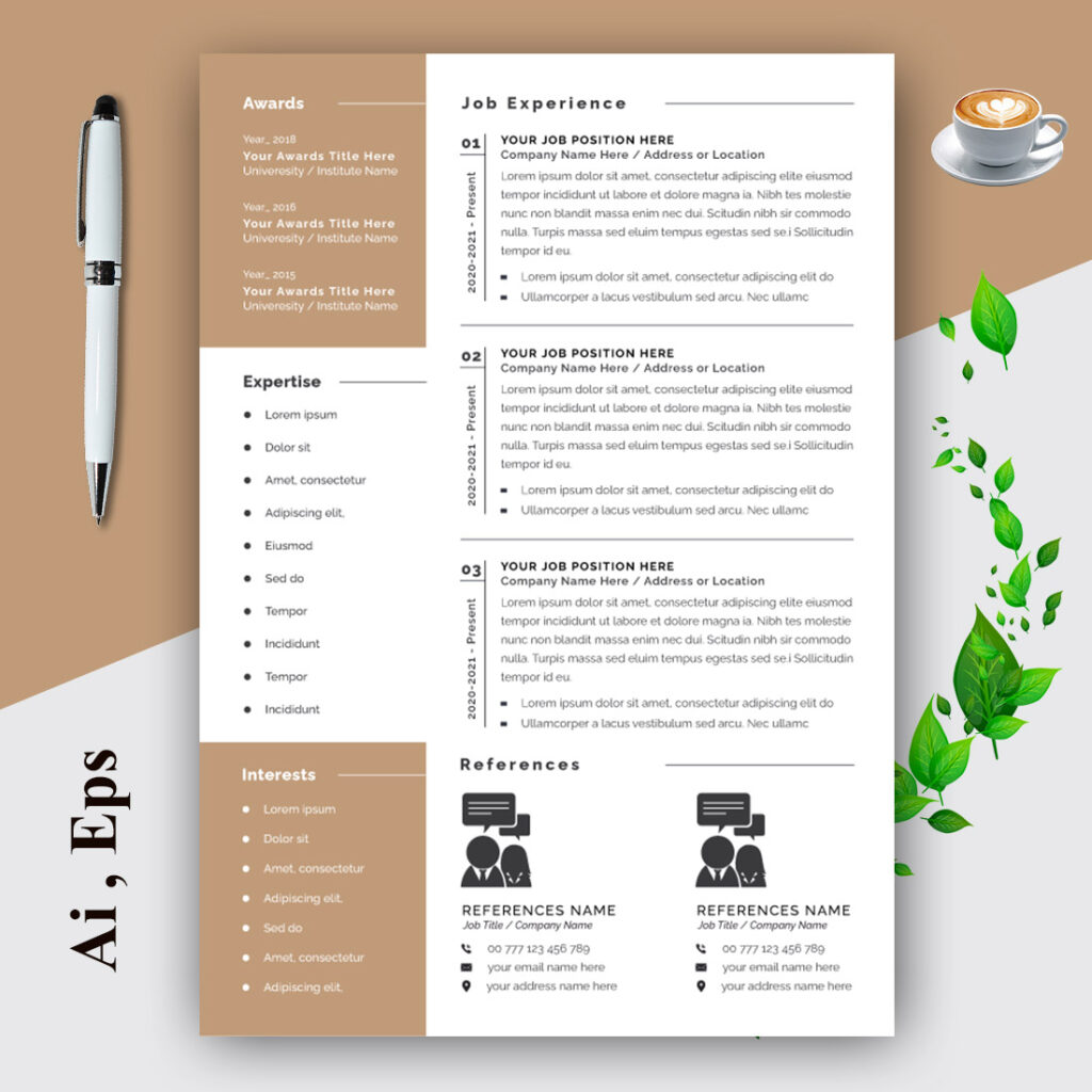 Resume and Cover Letter Layout with Tan Sidebar - MasterBundles