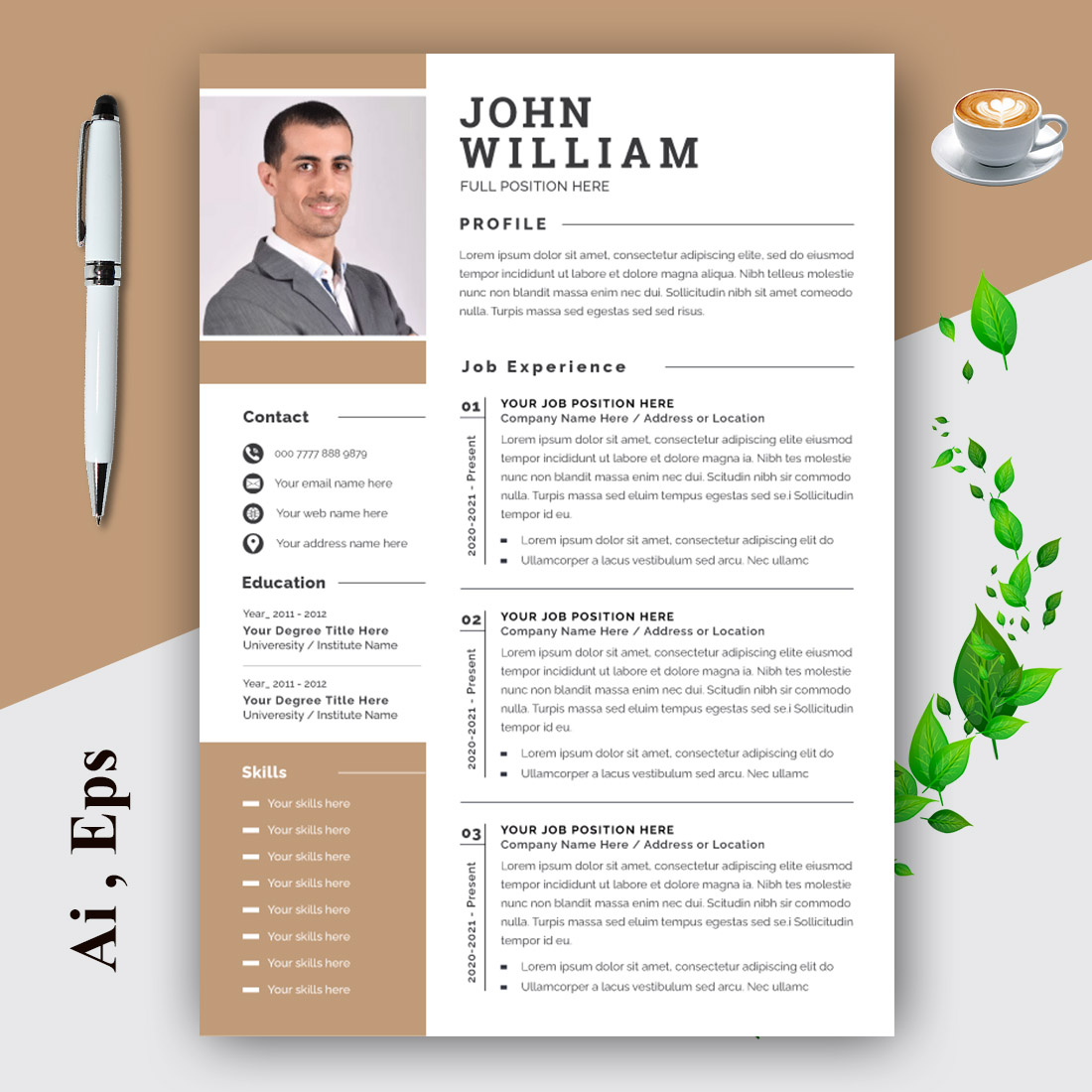 Resume and Cover Letter Layout with Tan Sidebar cover image.