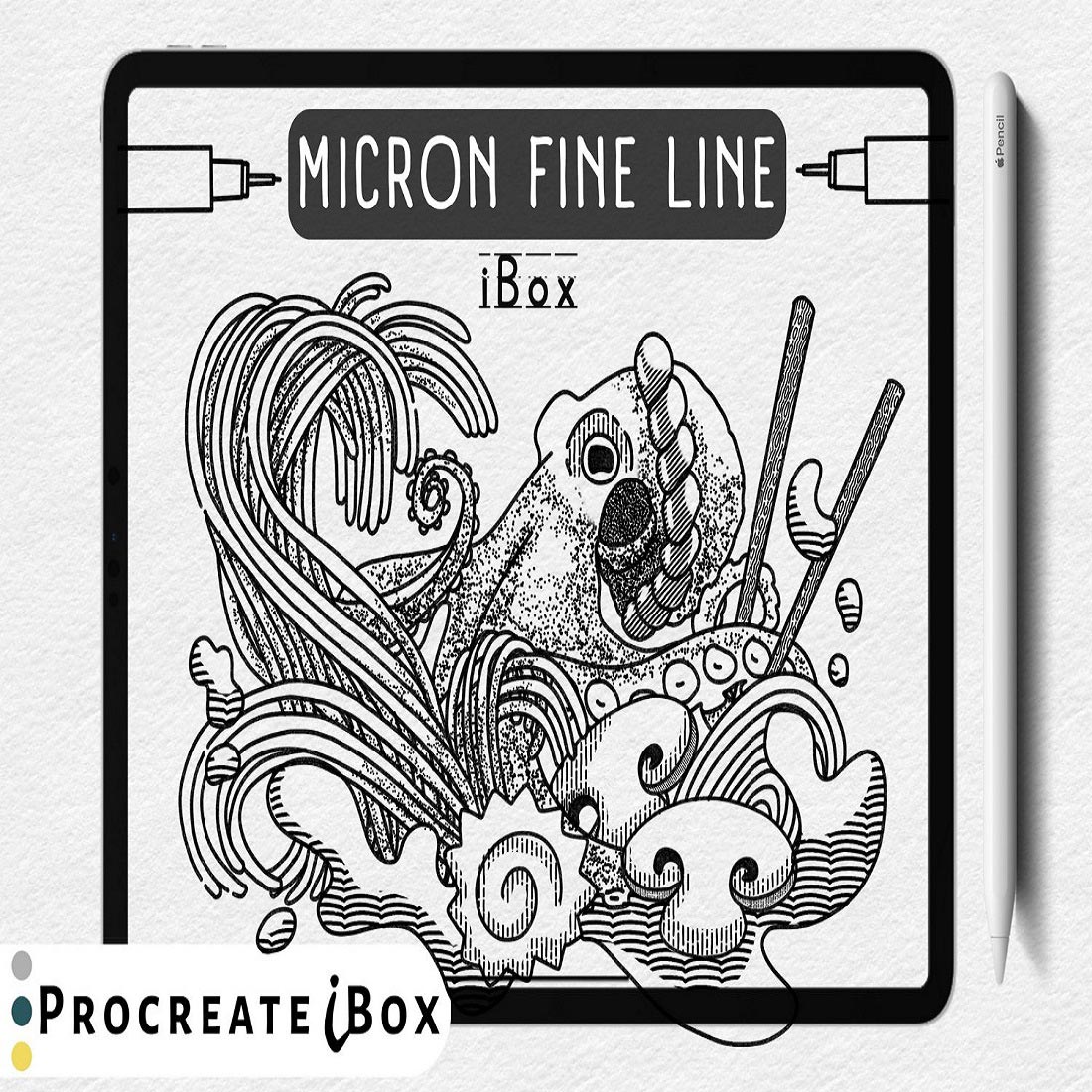 Procreate micron fine line 25 brushes ProcreateiBox cover image.