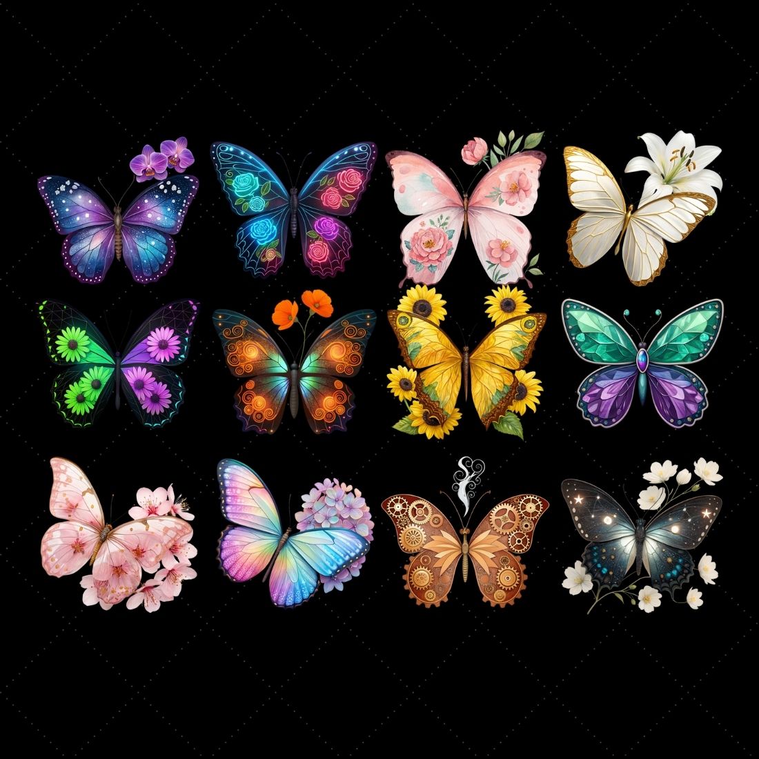 Whimsical Butterfly Garden Watercolor Clipart Bundle preview image.