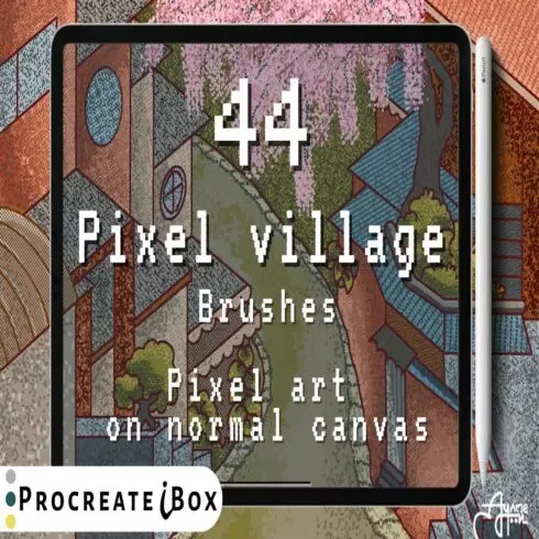 44 Pixel village Procreate brushes cover image.