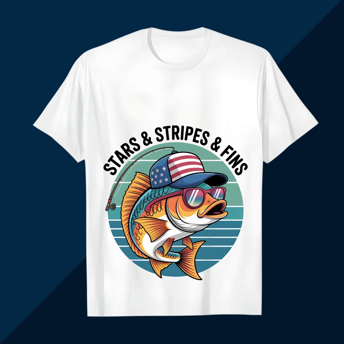 Stars & Stripes & Fins Fishing T-Shirt Design BBQ T shirt Design cover image.