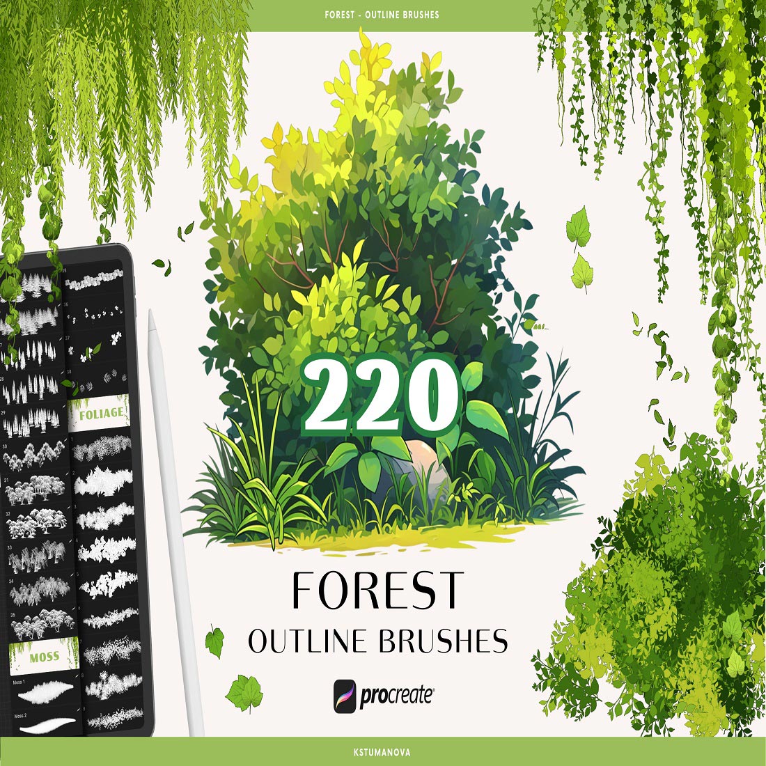 Forest outline procreate brushes Anime nature brushes preview image.