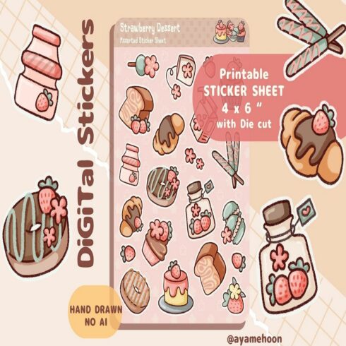 Strawberry dessert Sticker Sheet Printable Digital sticker cover image.