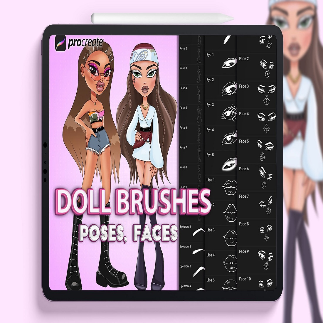 Procreate doll poses brushes preview image.
