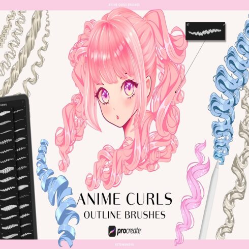 Anime curly hair procreate brushes Outline brushes cover image.