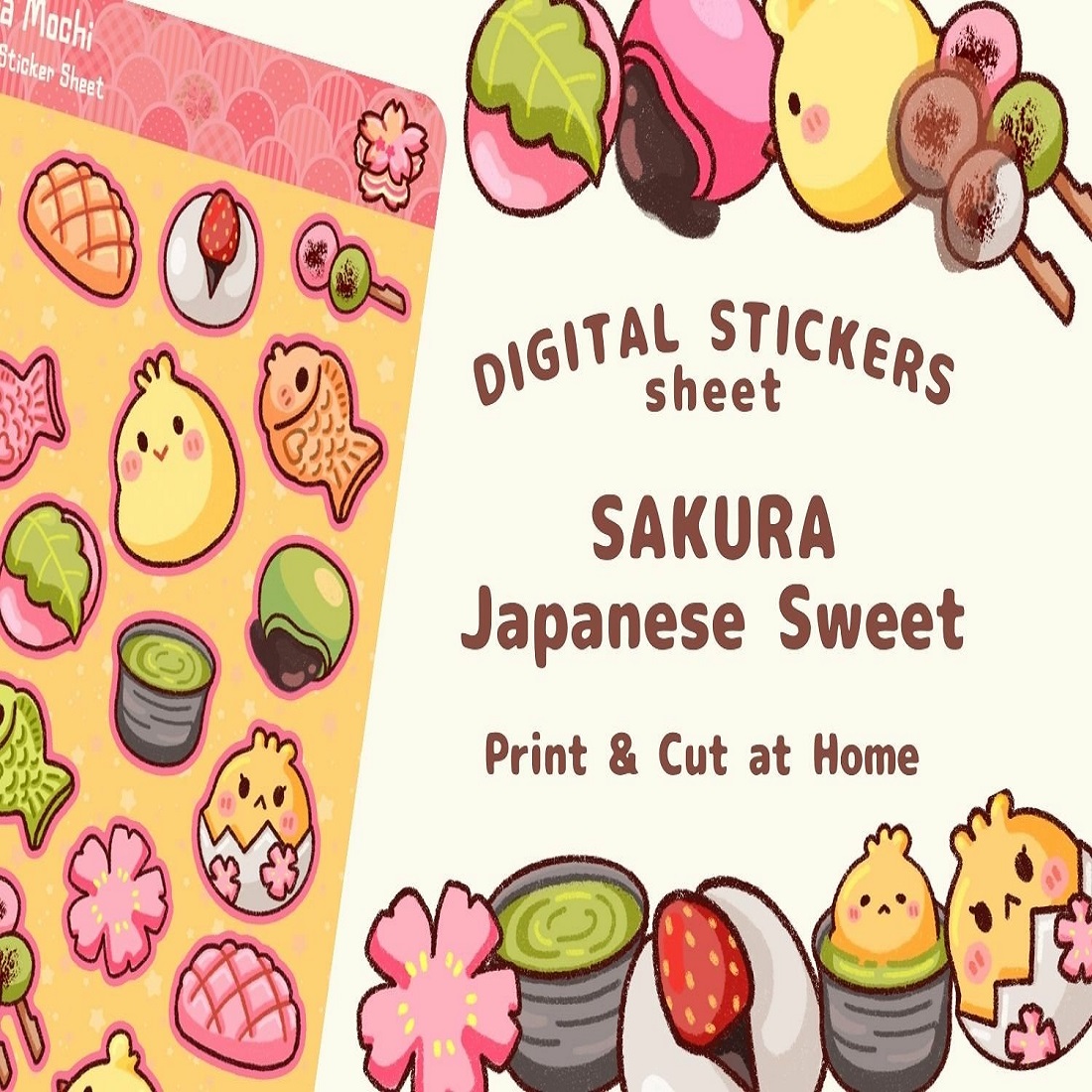 Japanese dessert Sticker Sheet Printable Digital stickers cover image.