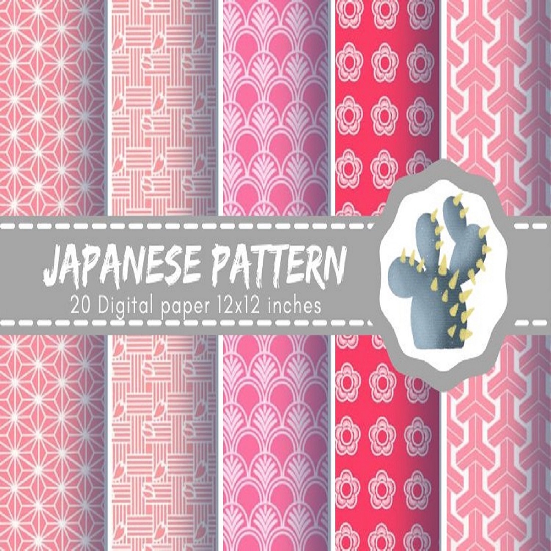 20 Pink Japanese pattern digital paper 12x12 inches 300 dpi preview image.