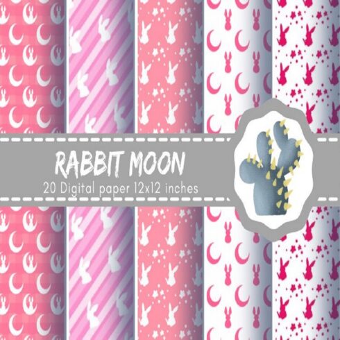 20 Rabbit Moon and Stars design digital paper, Pink theme cover image.