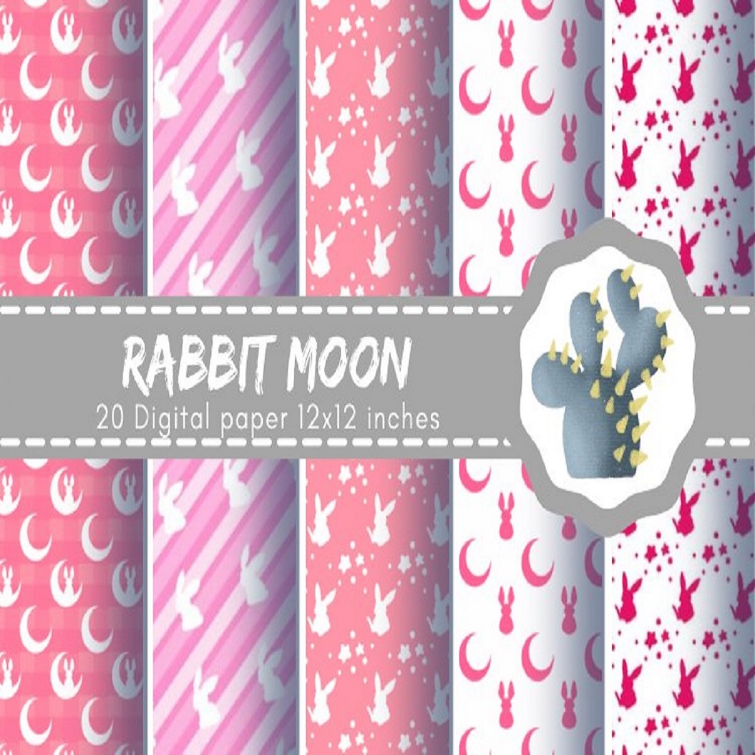 58 20 rabbit moon and stars design digital paper pink theme 886