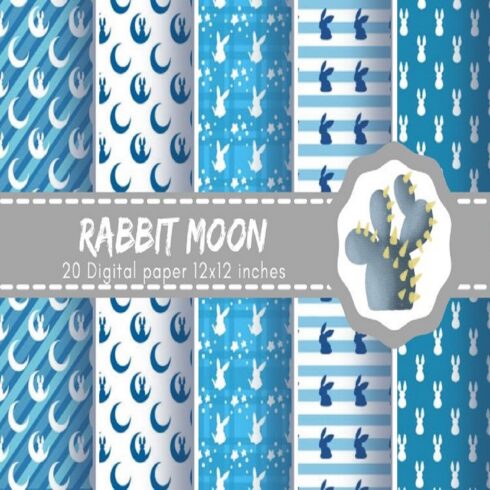 20 Rabbit Moon and Stars design digital paper, Blue theme cover image.